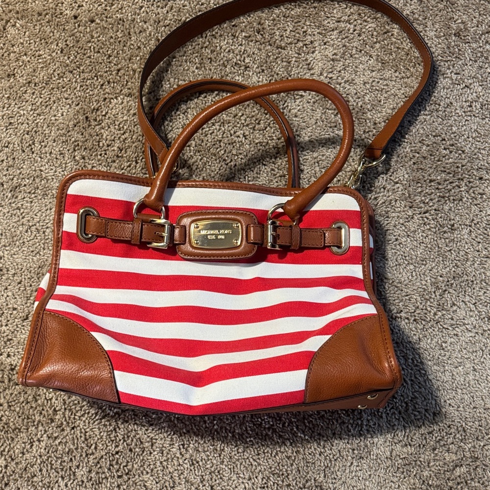 Michael Kors Red and Brown Striped Satchel